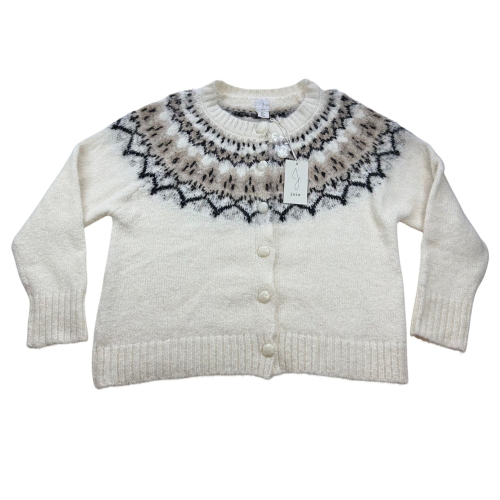 Joie Womens Fair Isle Cardigan Sweater Cream Fuzzy Knit Button Front NWT L